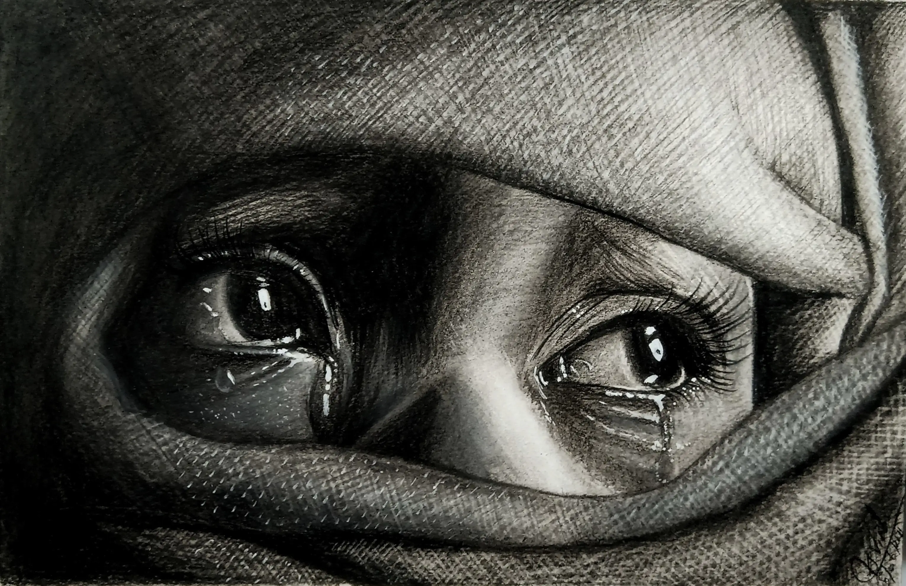 My Charcoal drawing of a girl eyes with tears