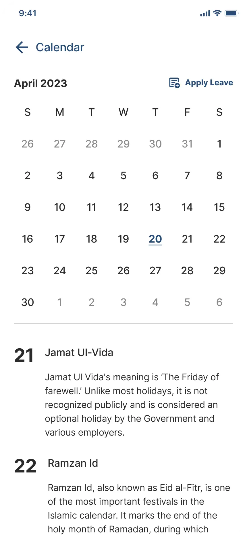 IPerform calendar and leave screen with monthly view and leave application